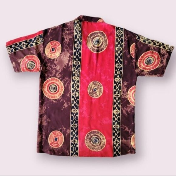 BALI KAHAYU Red Batik Color block Shirt L Button Down Abstract Cotton Hawaiian - Picture 3 of 4